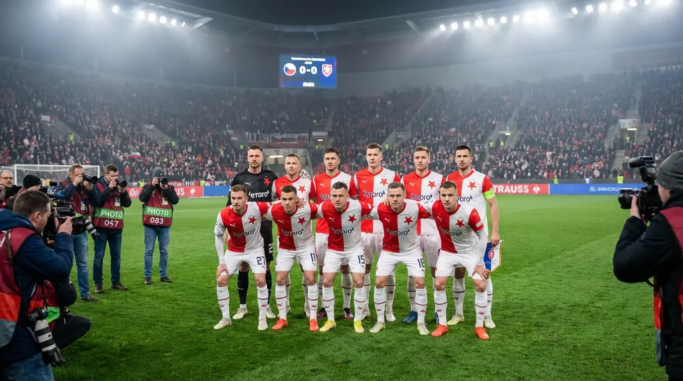 Czeska drużyna piłkarska na boisku w czerwono-białych strojach podczas meczu kwalifikacyjnego
