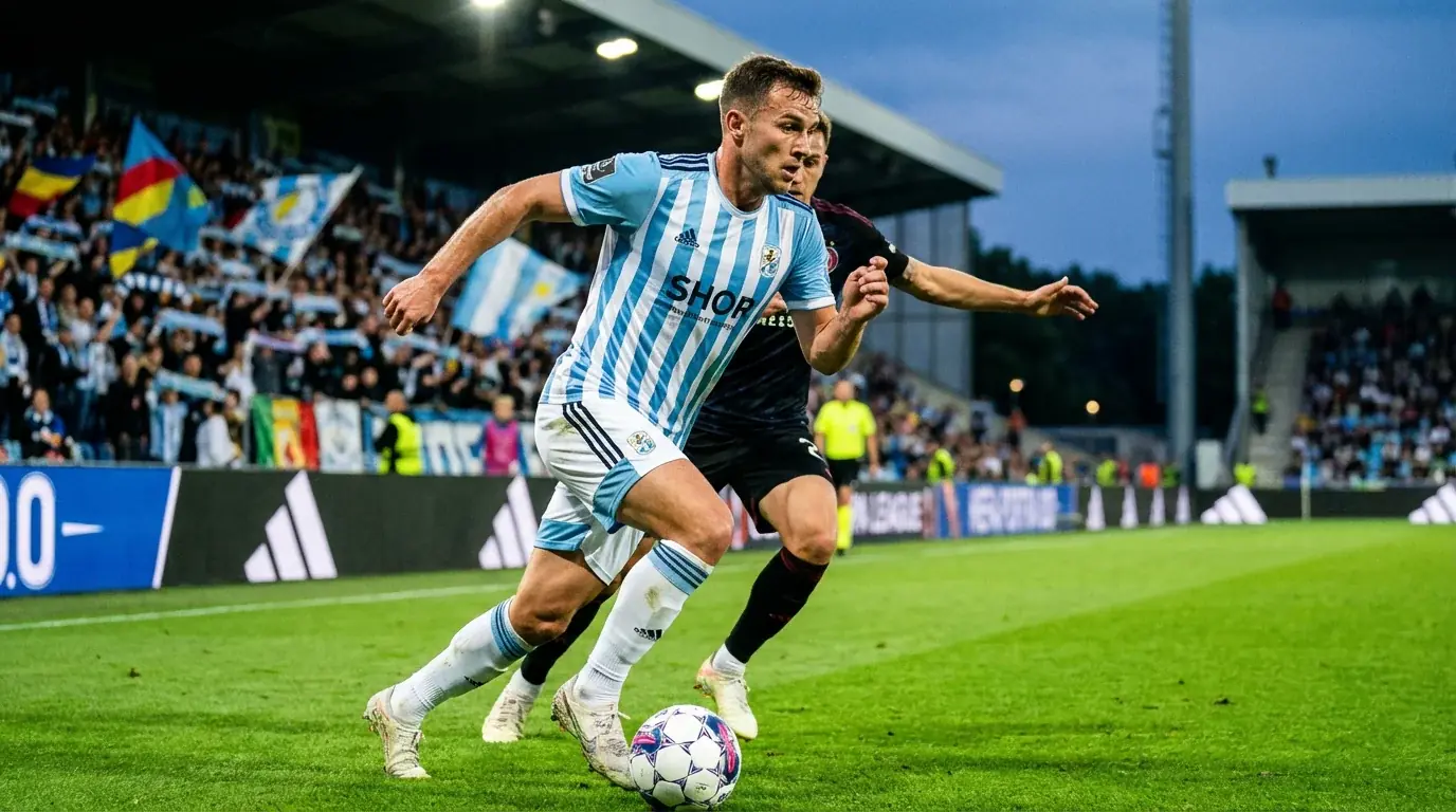 Piłkarz w biało-niebieskich barwach podczas dynamicznej akcji na boisku w pełnym stadionów