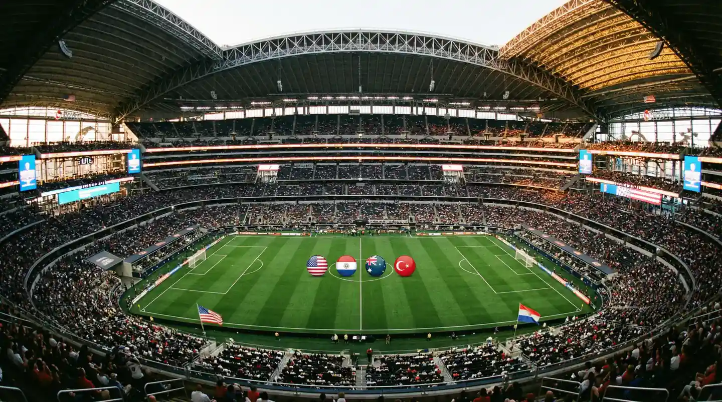 Grupa D Mistrzostw Świata 2026 — USA, Paragwaj, Australia i Turcja na tle amerykańskiego stadionu